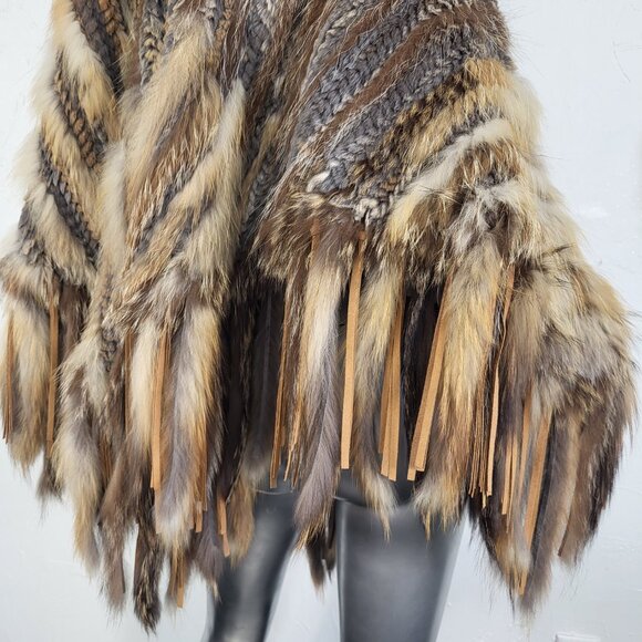 ALBERTO MAKALI~VINTAGE BROWN GENUINE FOX FUR REAL RABBIT HOODED PONCHO CAPE COAT - Picture 14 of 16